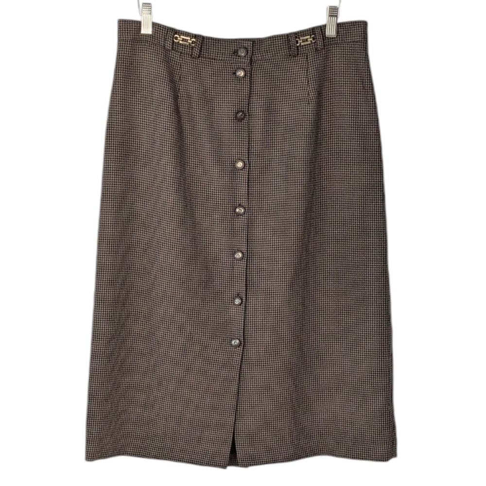 vintage Brown Houndstooth Button Front midi skirt small t2